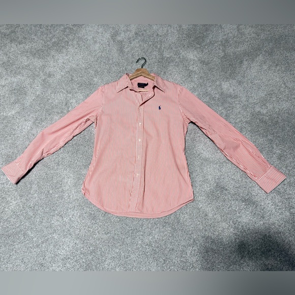 Ralph Lauren Women’s Orange and White Striped Button Down Shirt Blue Pony Size10 - Picture 2 of 7